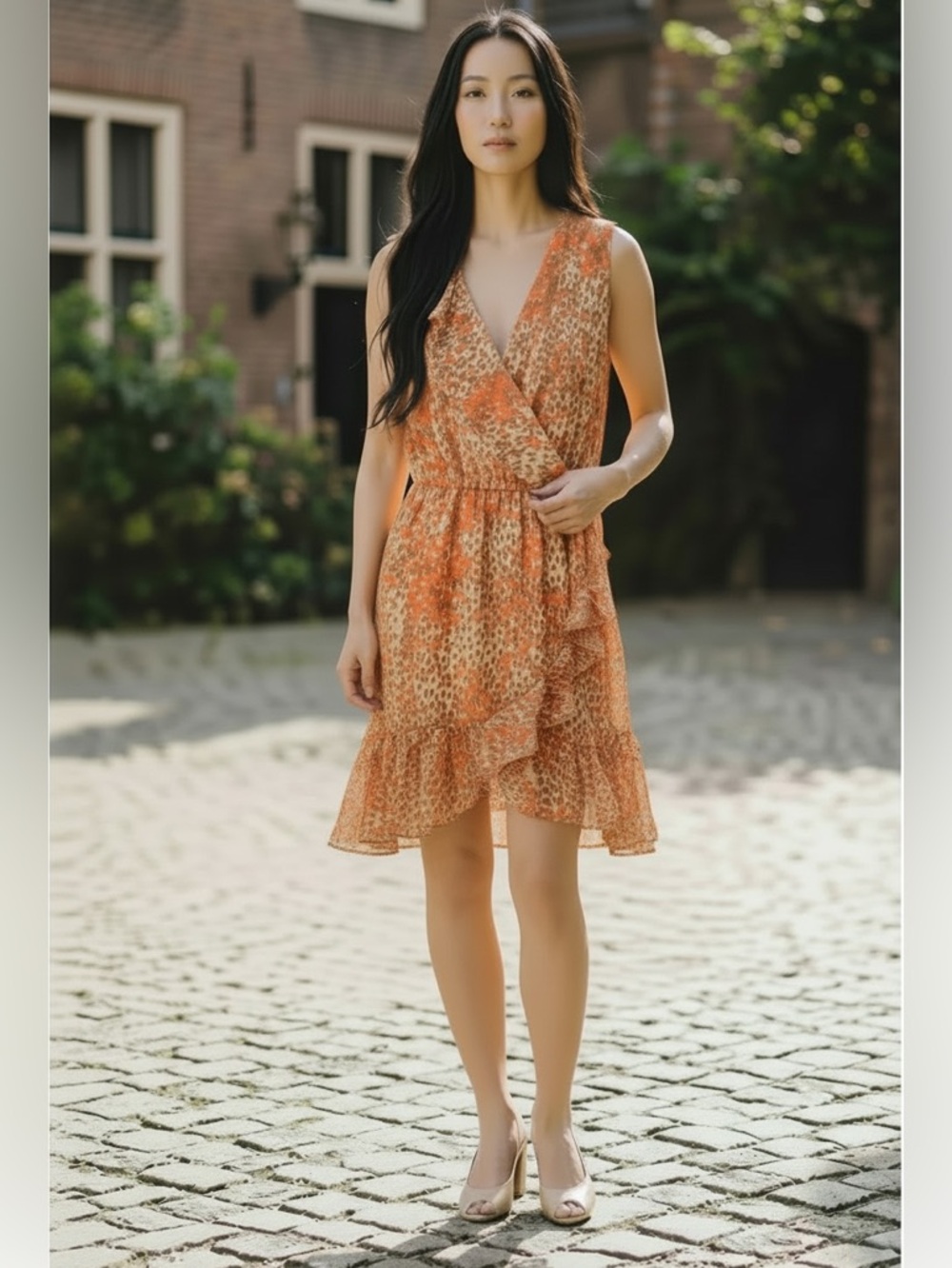 Apt 9 Coral Abstract Wrap Style Sleeveless Dress Ruffle Hem XS